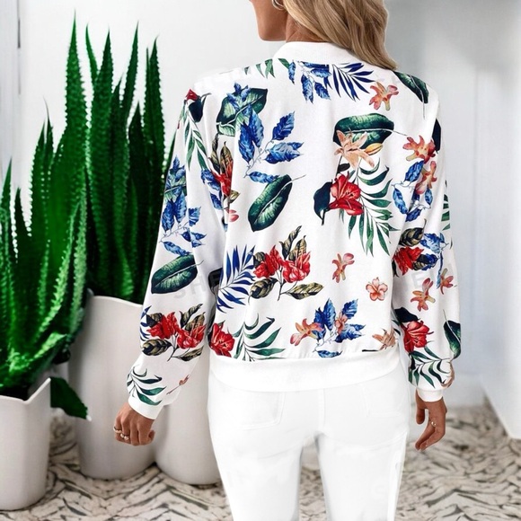 New Women's Tropical Plant Print Baseball Collar Jacket - Picture 5 of 16